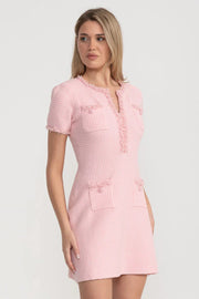 Tweed Mini Dress With Short Sleeves And Buttoned Front Closure - Pink