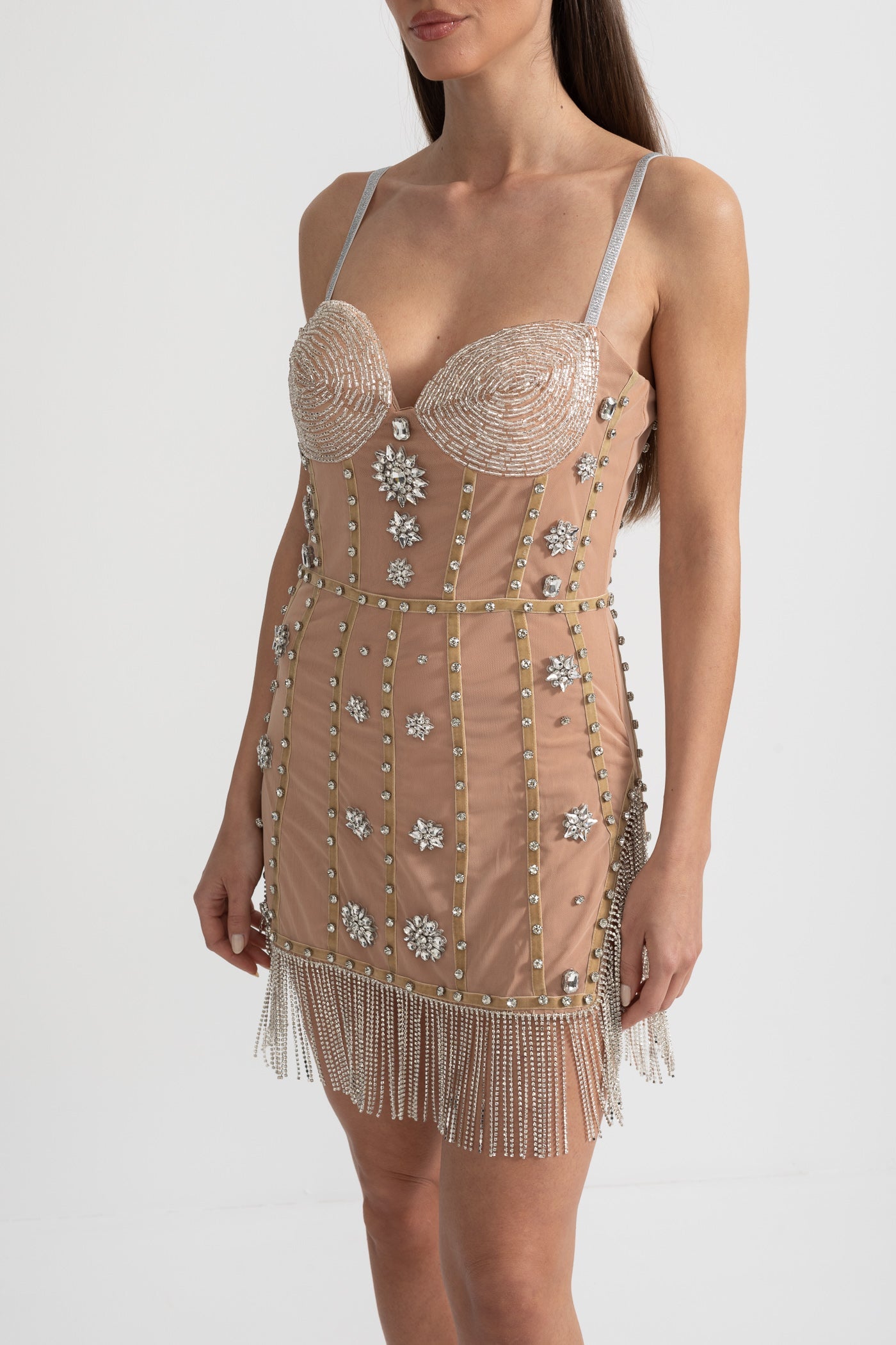 Mini Dress With Fitted Bodice, Silver Beading Accents And Sparkling Fringed Hem - Beige