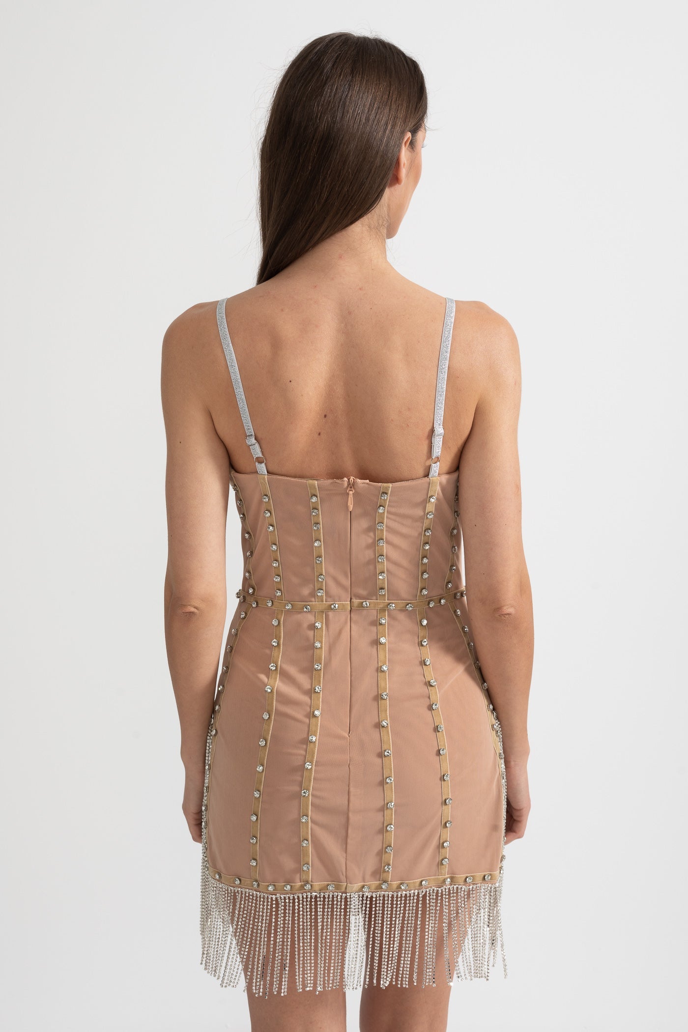 Mini Dress With Fitted Bodice, Silver Beading Accents And Sparkling Fringed Hem - Beige