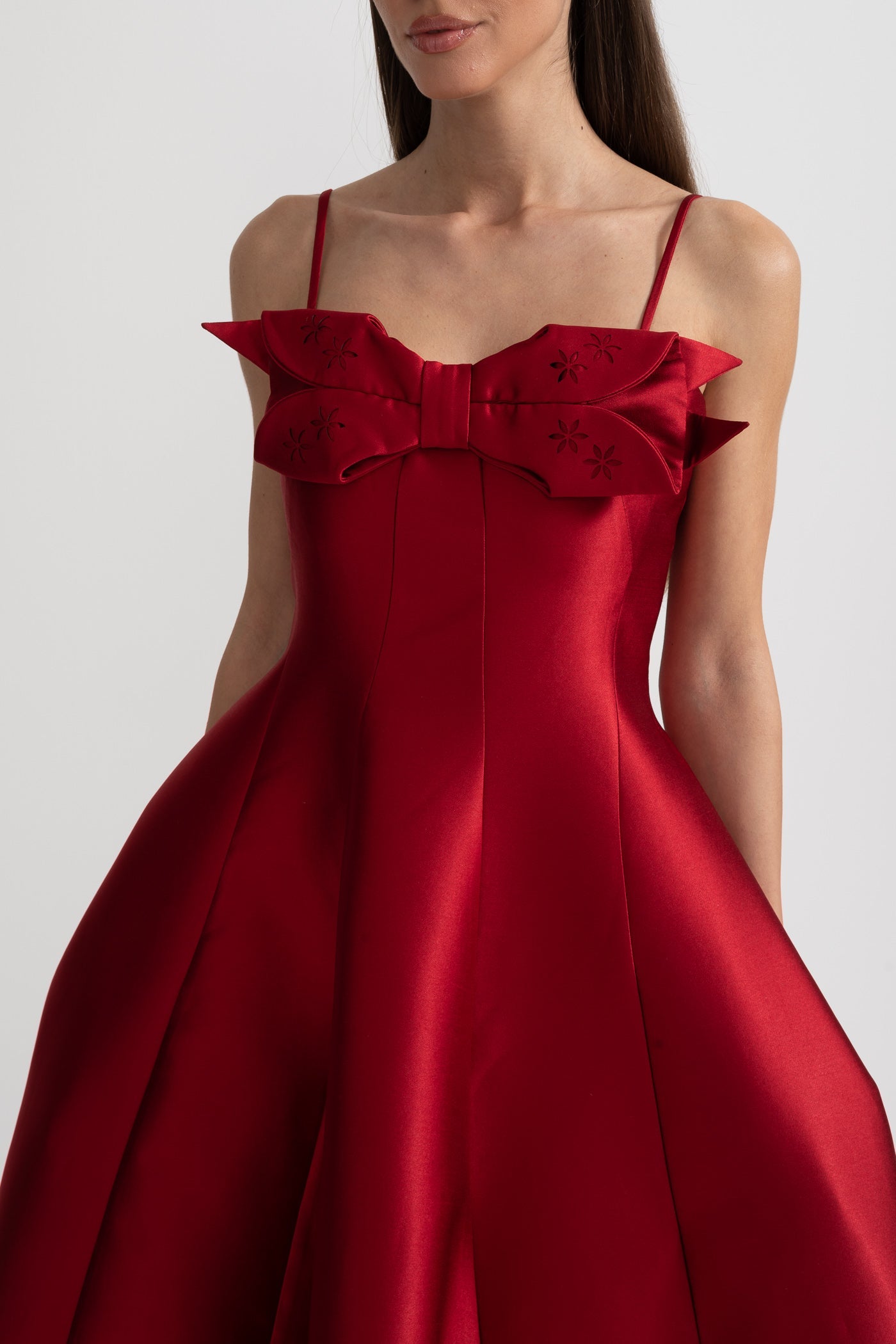 Midi Satin Dress With Fitted Bodice, Delicate Thin Straps And Bow Accent - Red