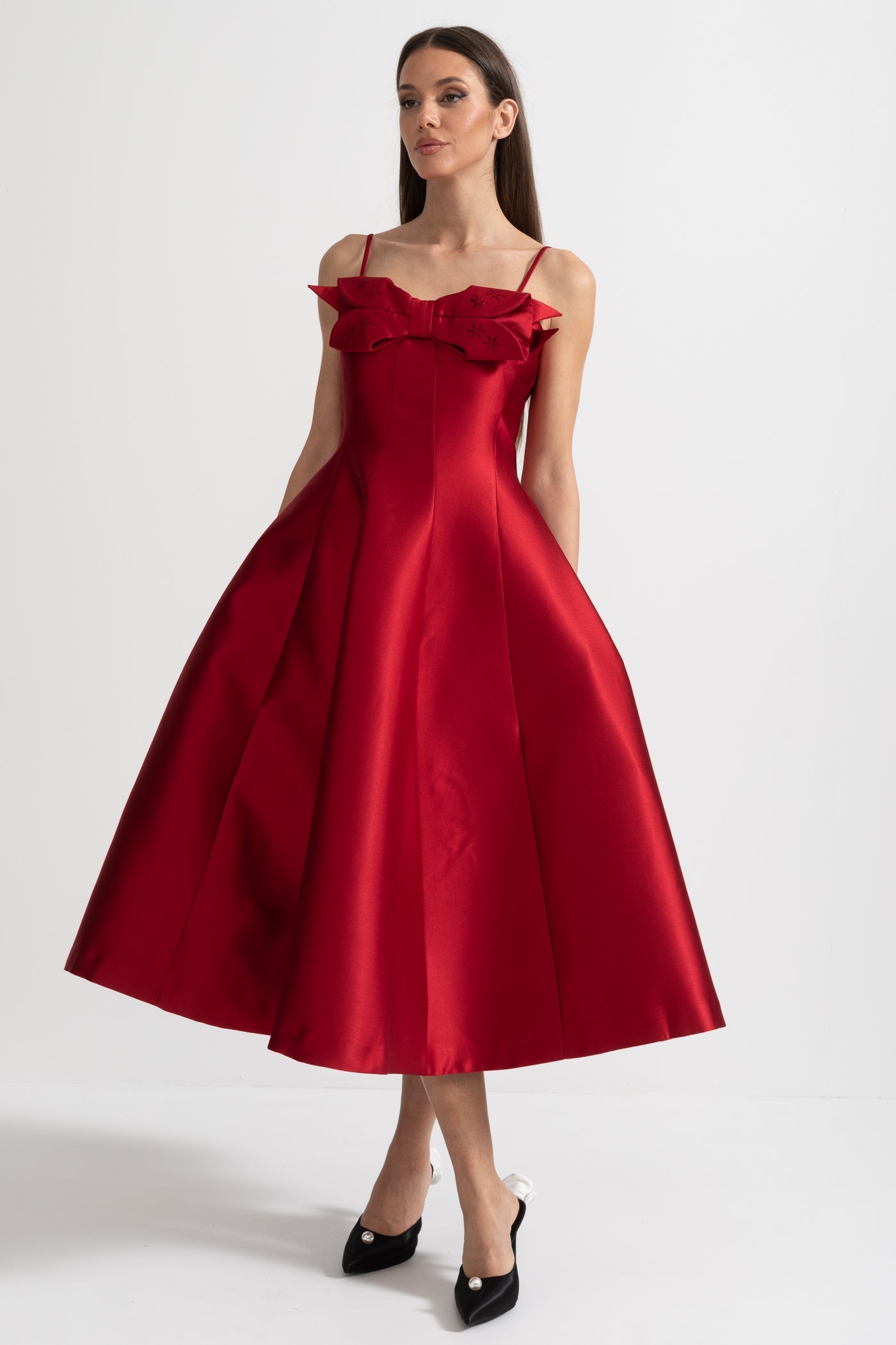 Midi Satin Dress With Fitted Bodice, Delicate Thin Straps And Bow Accent - Red