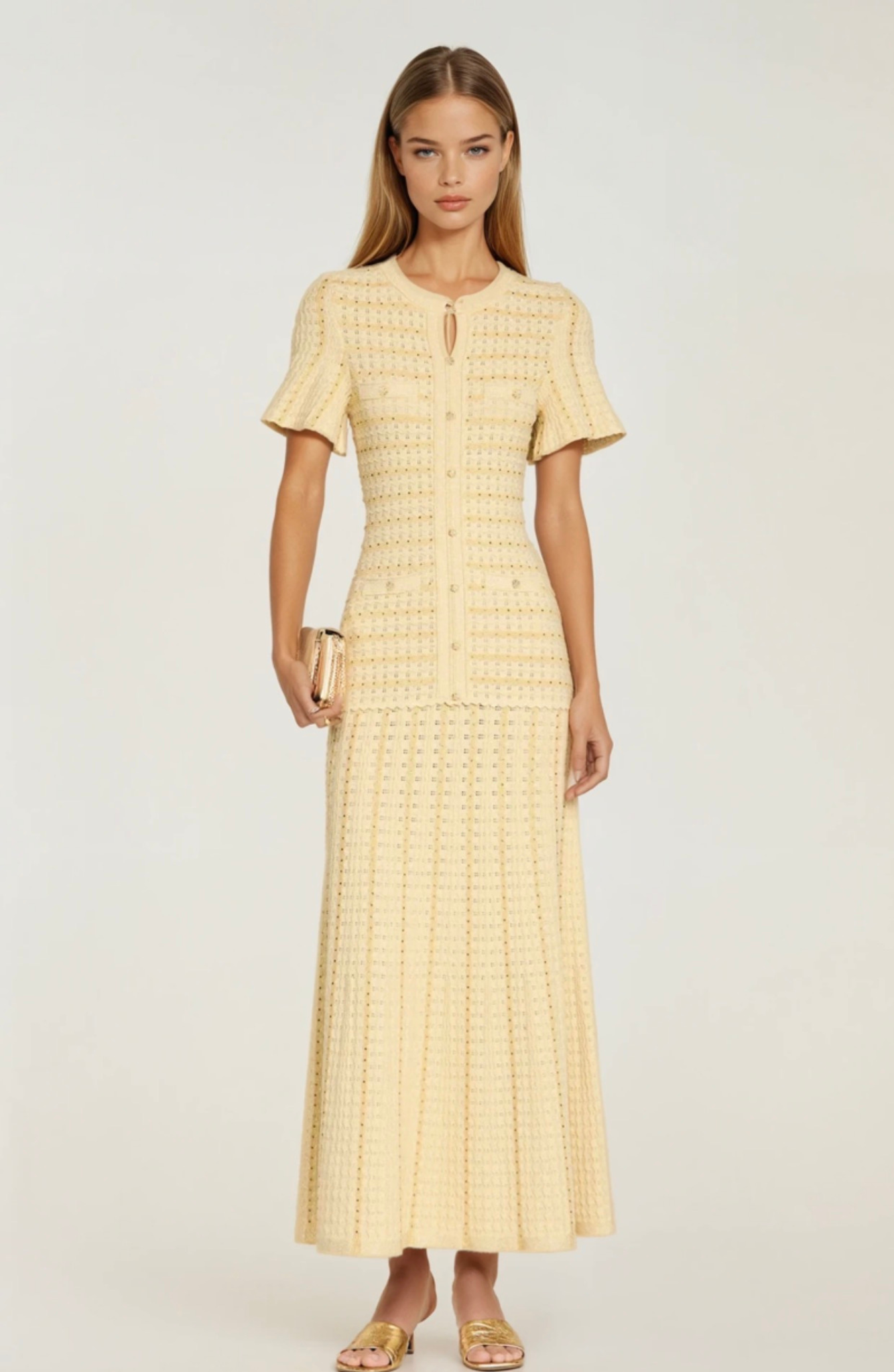 Sandro Victoire Rhinestone Knit Maxi Dress in - Gold