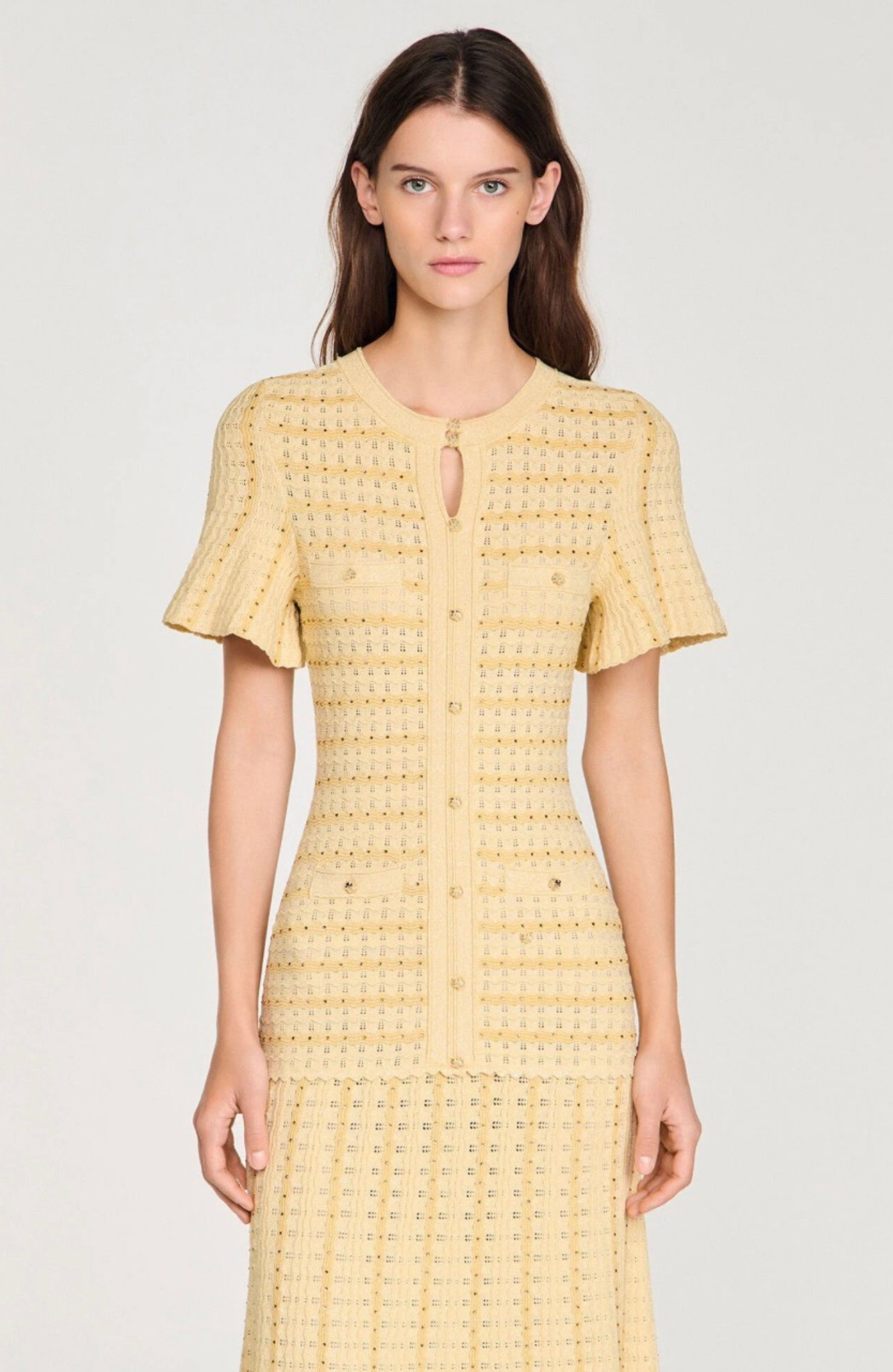 Sandro Victoire Rhinestone Knit Maxi Dress in - Gold