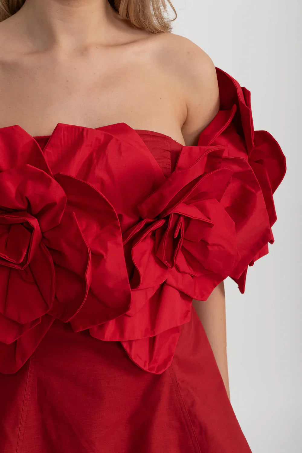 Off-Shoulder Mini Dress With Large Fabric Floral Accents - Red