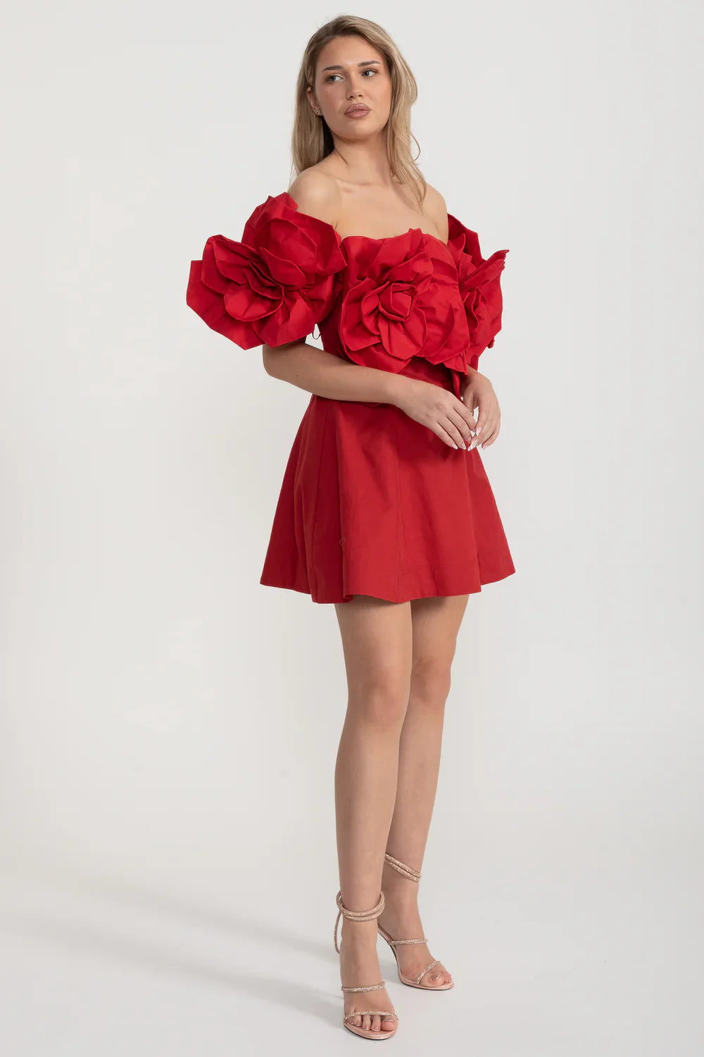 Off-Shoulder Mini Dress With Large Fabric Floral Accents - Red