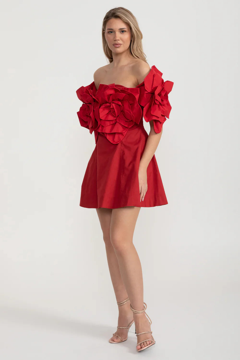 Off-Shoulder Mini Dress With Large Fabric Floral Accents - Red