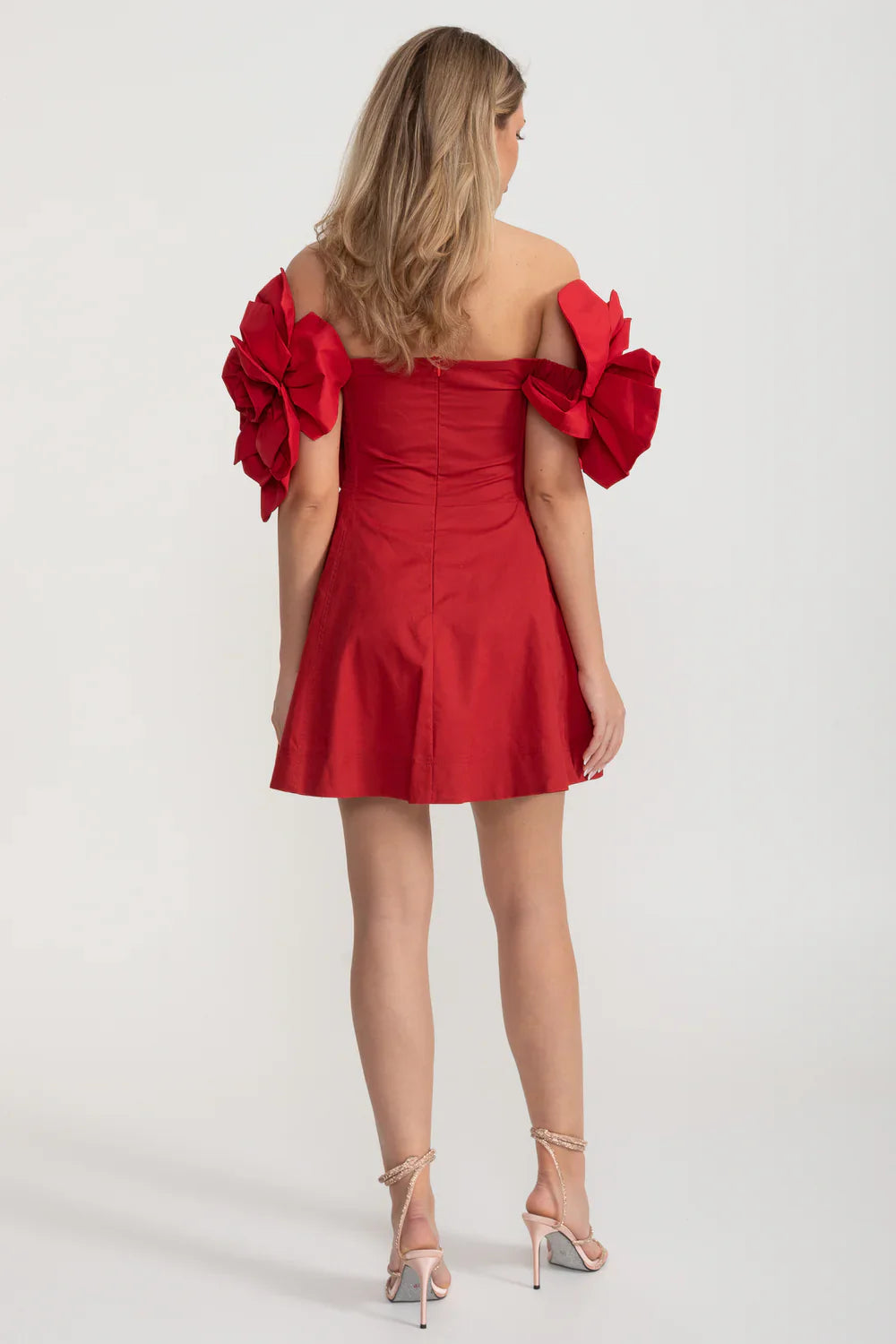 Off-Shoulder Mini Dress With Large Fabric Floral Accents - Red