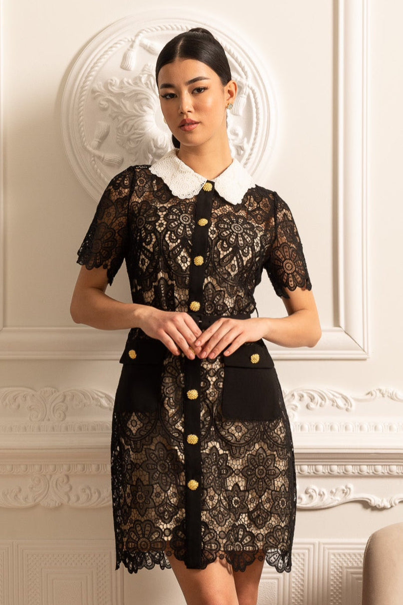Floral Pattern Lace Dress With Short Sleeves And Contrasting Collar - Black