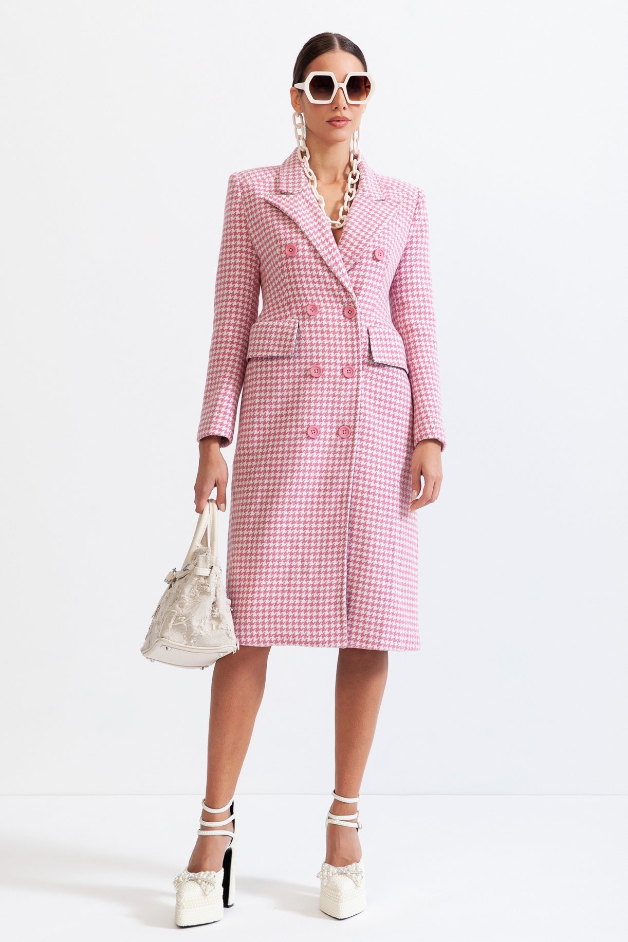 LUNA Houndstooth Coat with Pointed Shoulders - Pink