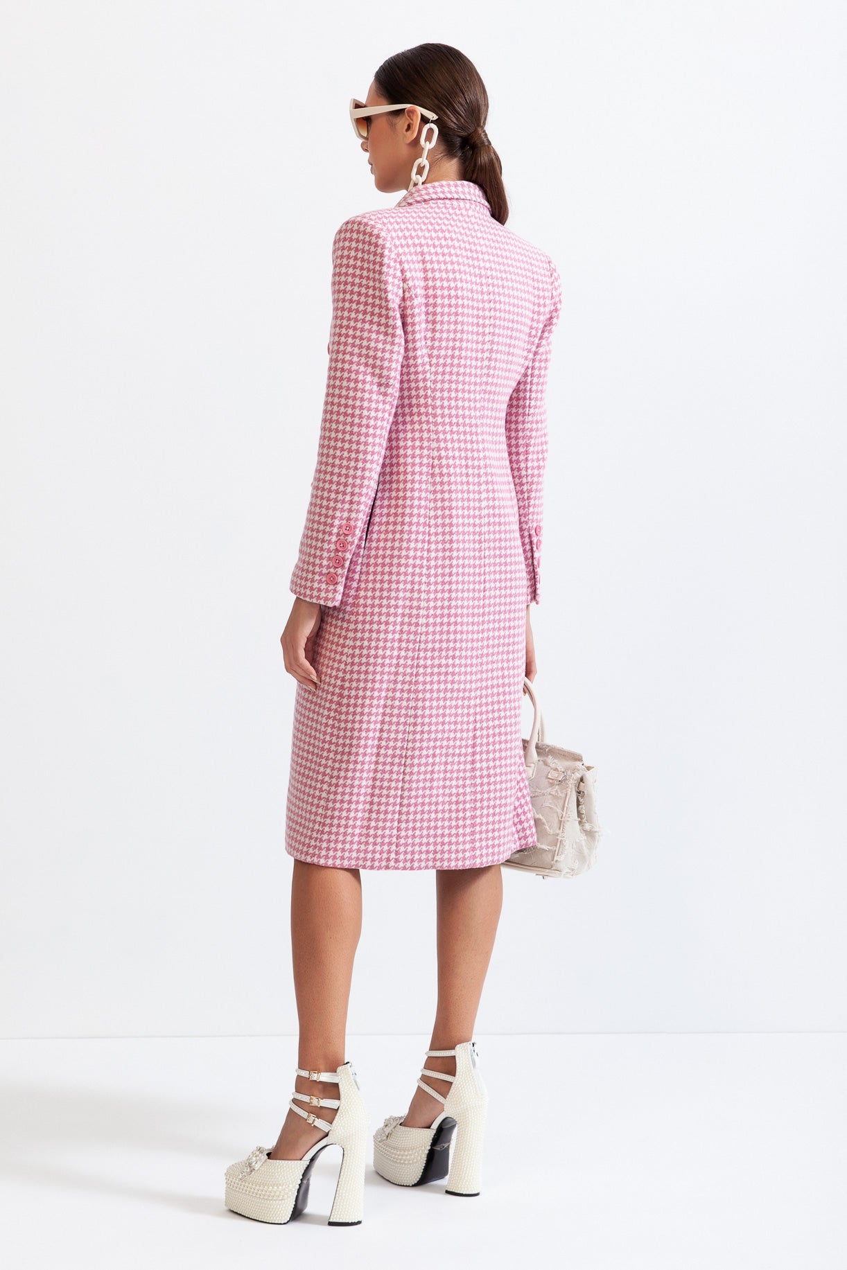 LUNA Houndstooth Coat with Pointed Shoulders - Pink