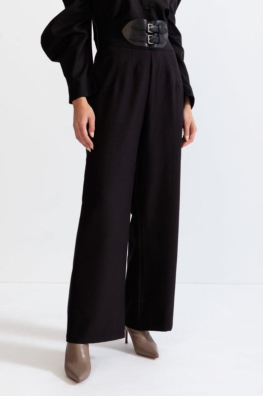 CAULINE Palazzo Trousers with Belted Waist - Black