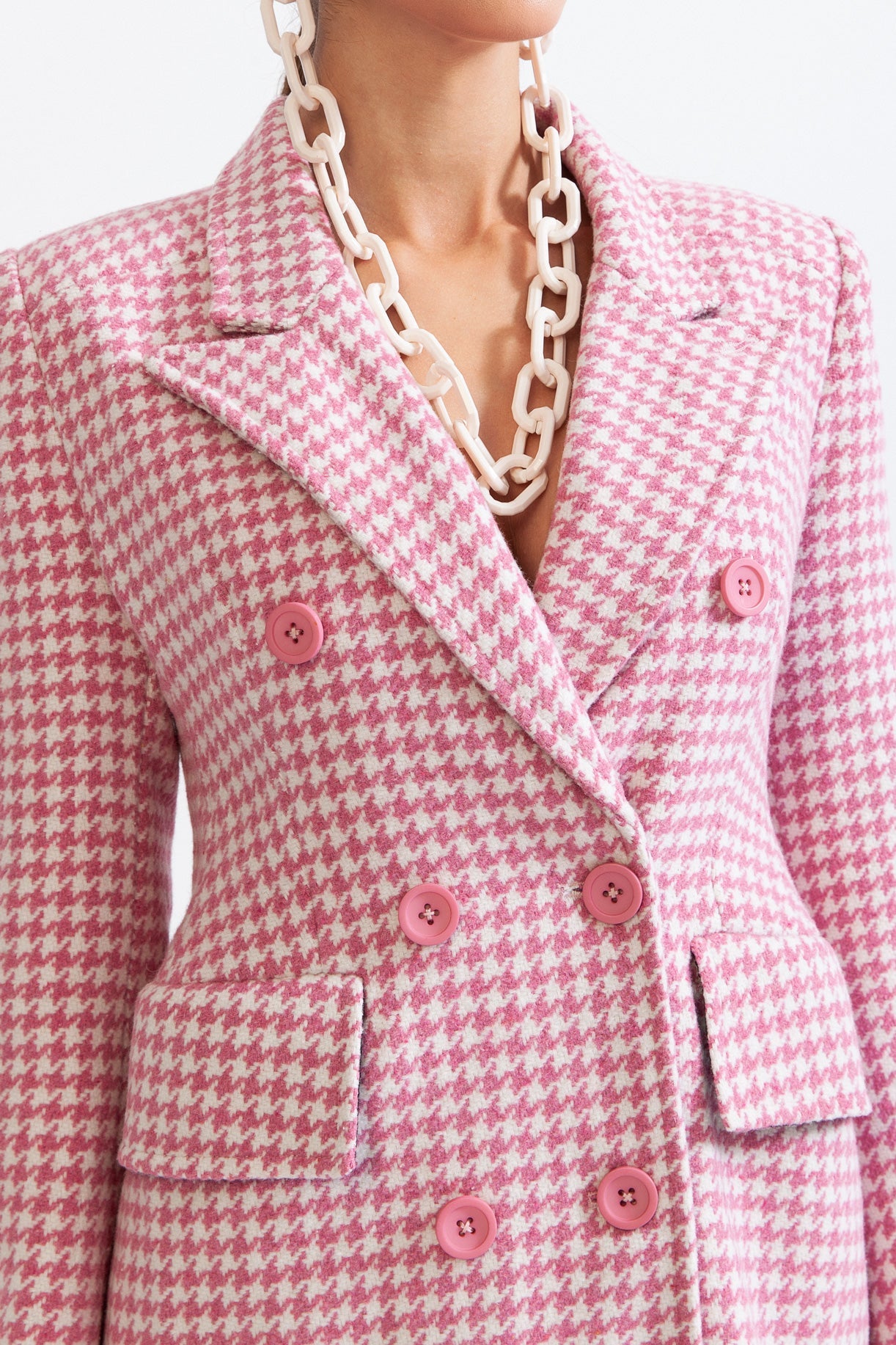LUNA Houndstooth Coat with Pointed Shoulders - Pink