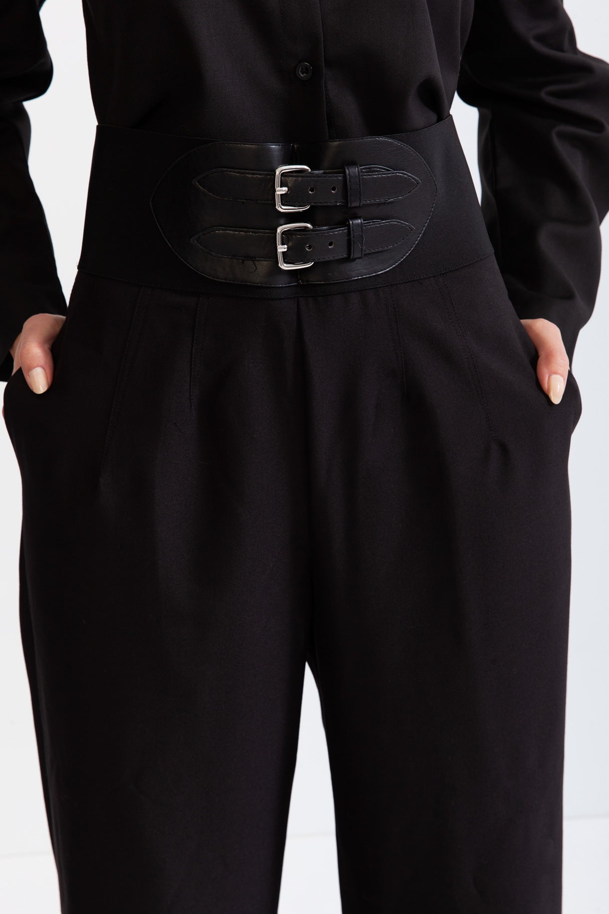 CAULINE Palazzo Trousers with Belted Waist - Black