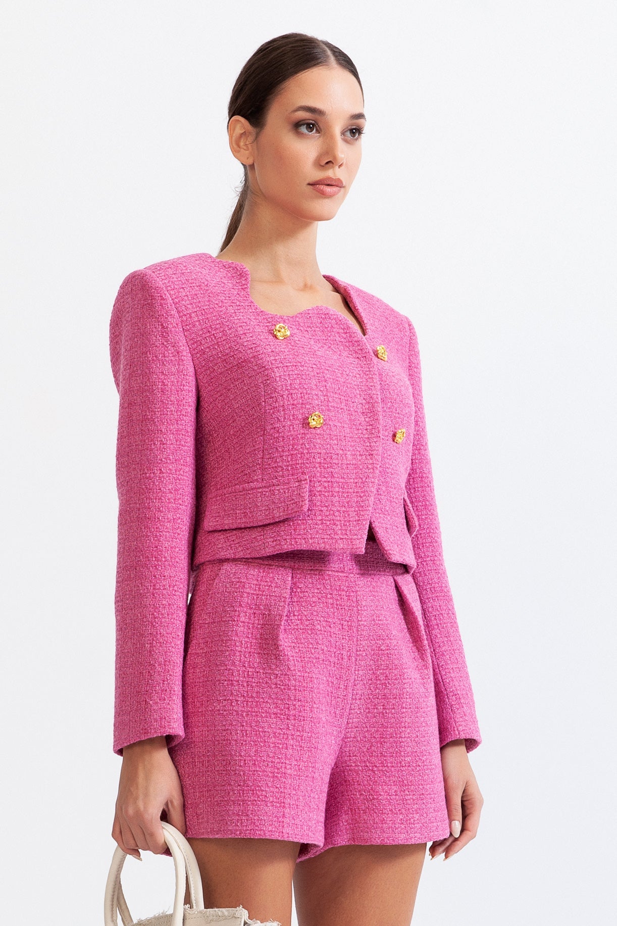 Wool Blend Co-Ord with Gold Buttons - Fuchsia