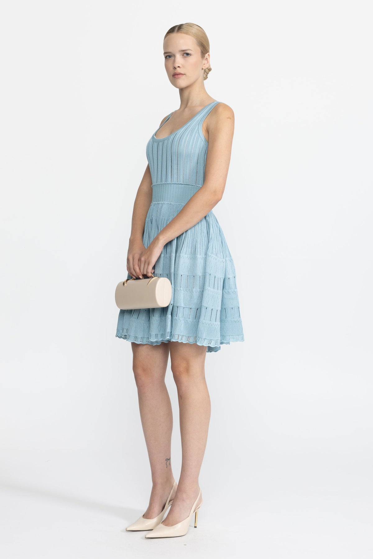 Jacinthe Light Blue Rib Pointelle Knit Cropped Cardigan and Skater Dress Set