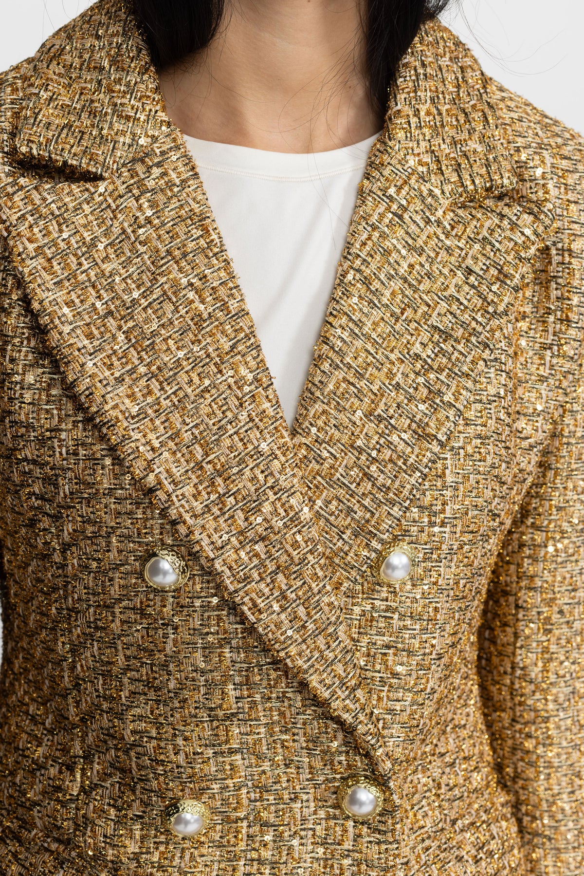 Ermeline Gold Metallic Tweed Double-Breasted Blazer with Pearl Buttons
