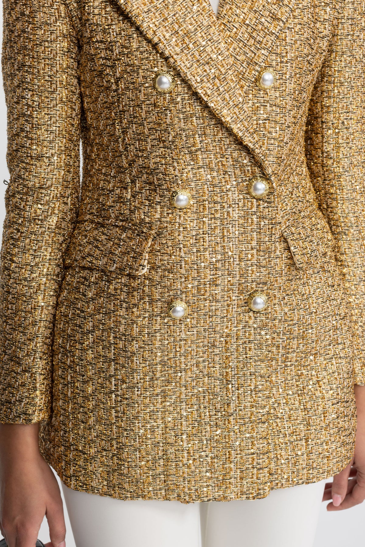 Ermeline Gold Metallic Tweed Double-Breasted Blazer with Pearl Buttons