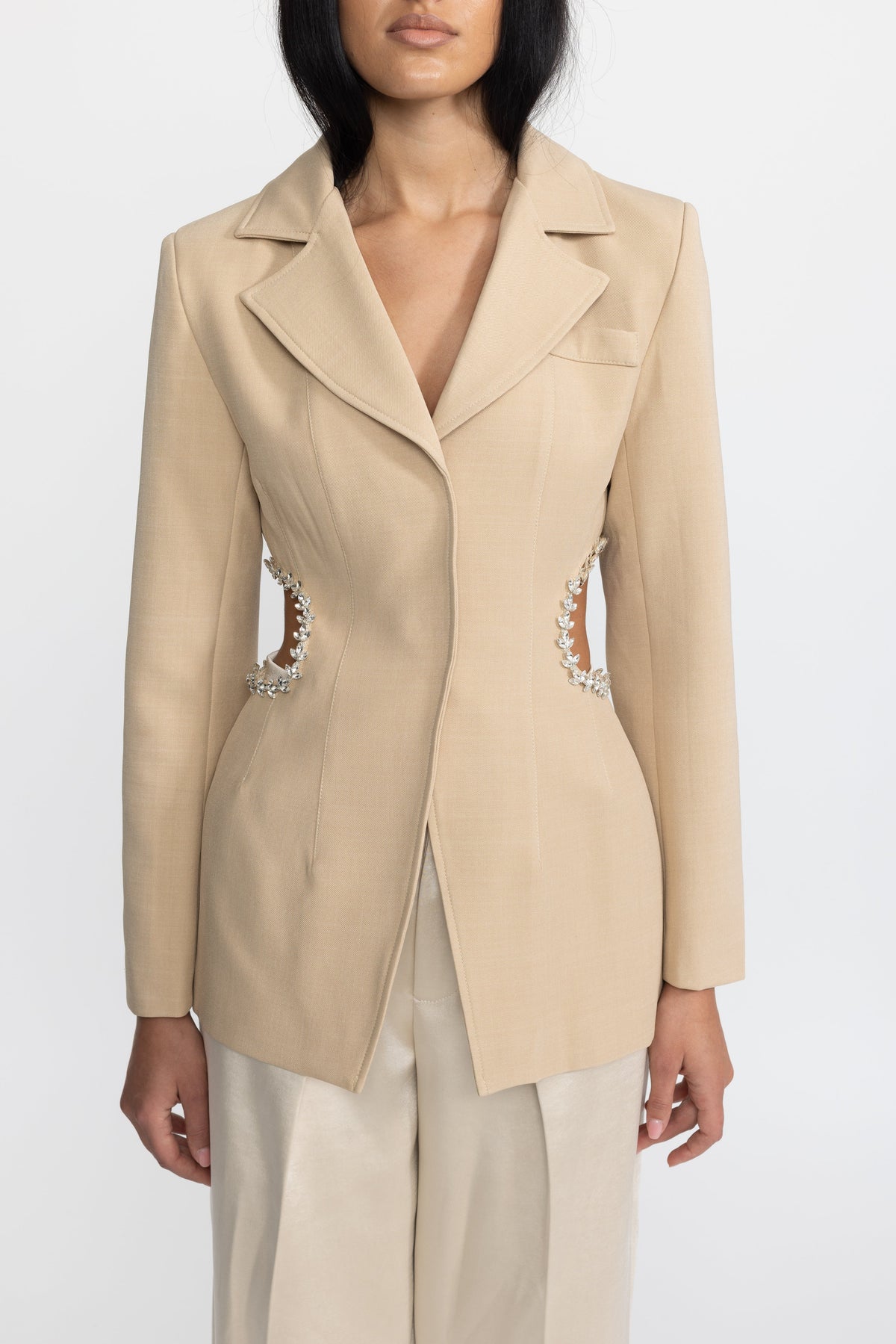 Laetitia Beige Crystal Trim Cutout Waist Tailored Blazer