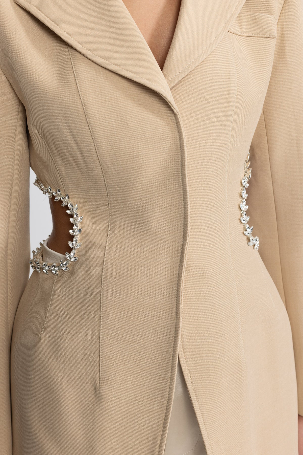 Laetitia Beige Crystal Trim Cutout Waist Tailored Blazer
