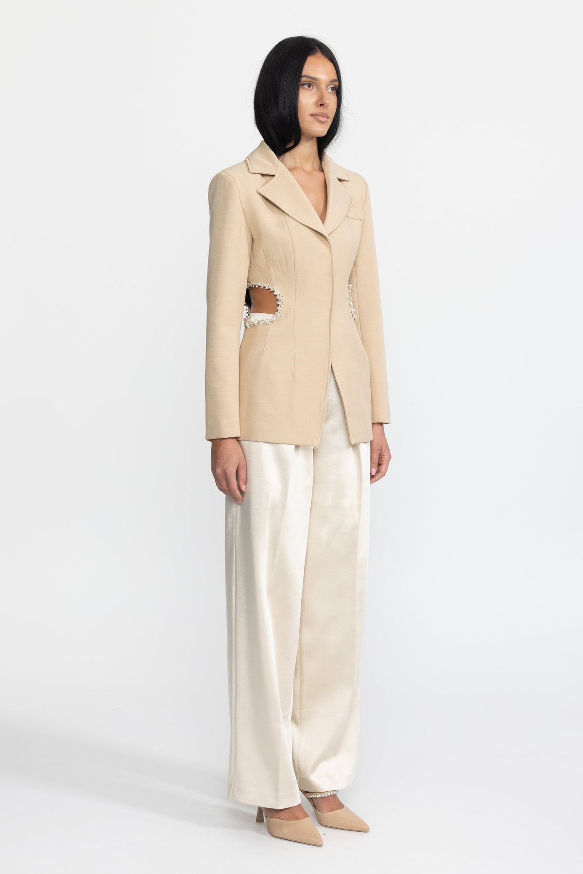Laetitia Beige Crystal Trim Cutout Waist Tailored Blazer