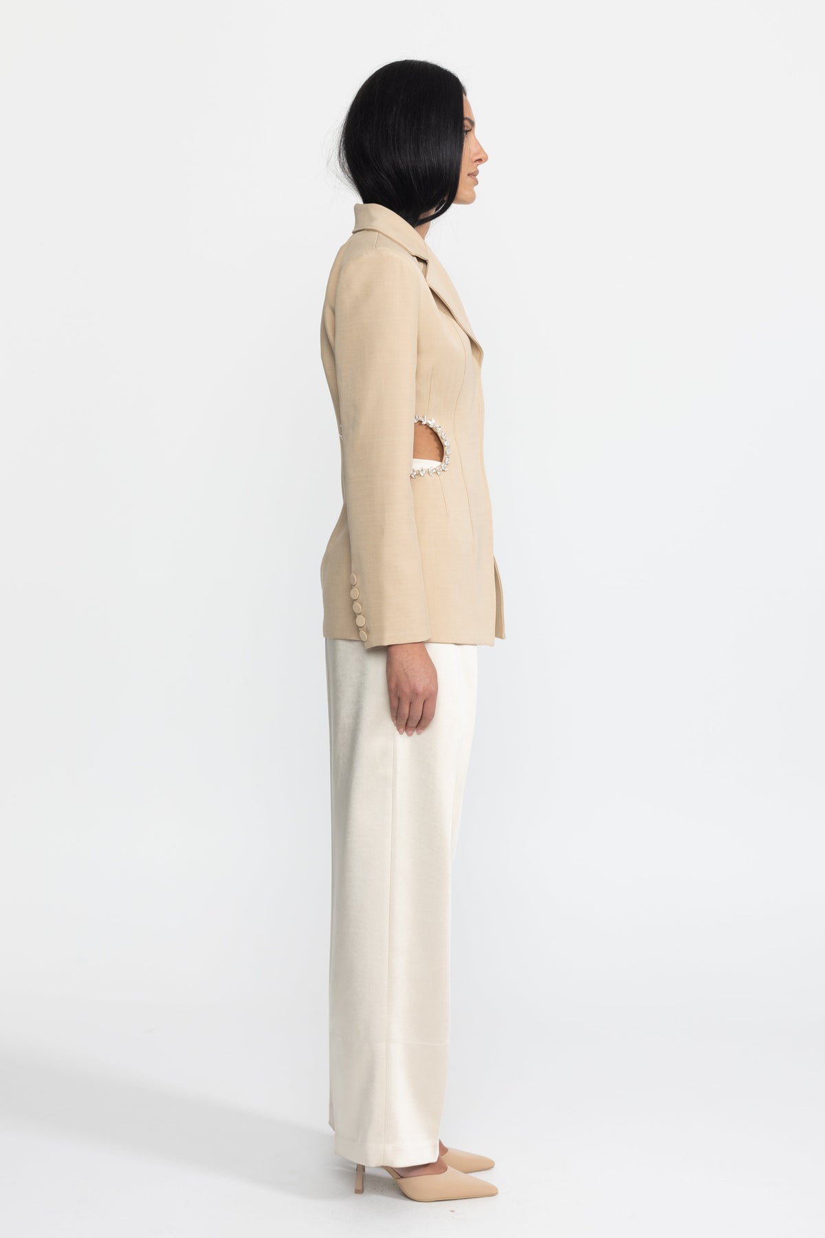 Laetitia Beige Crystal Trim Cutout Waist Tailored Blazer