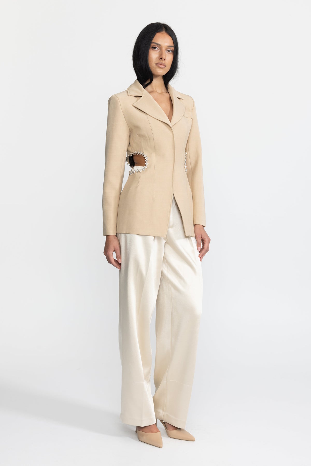 Laetitia Beige Crystal Trim Cutout Waist Tailored Blazer
