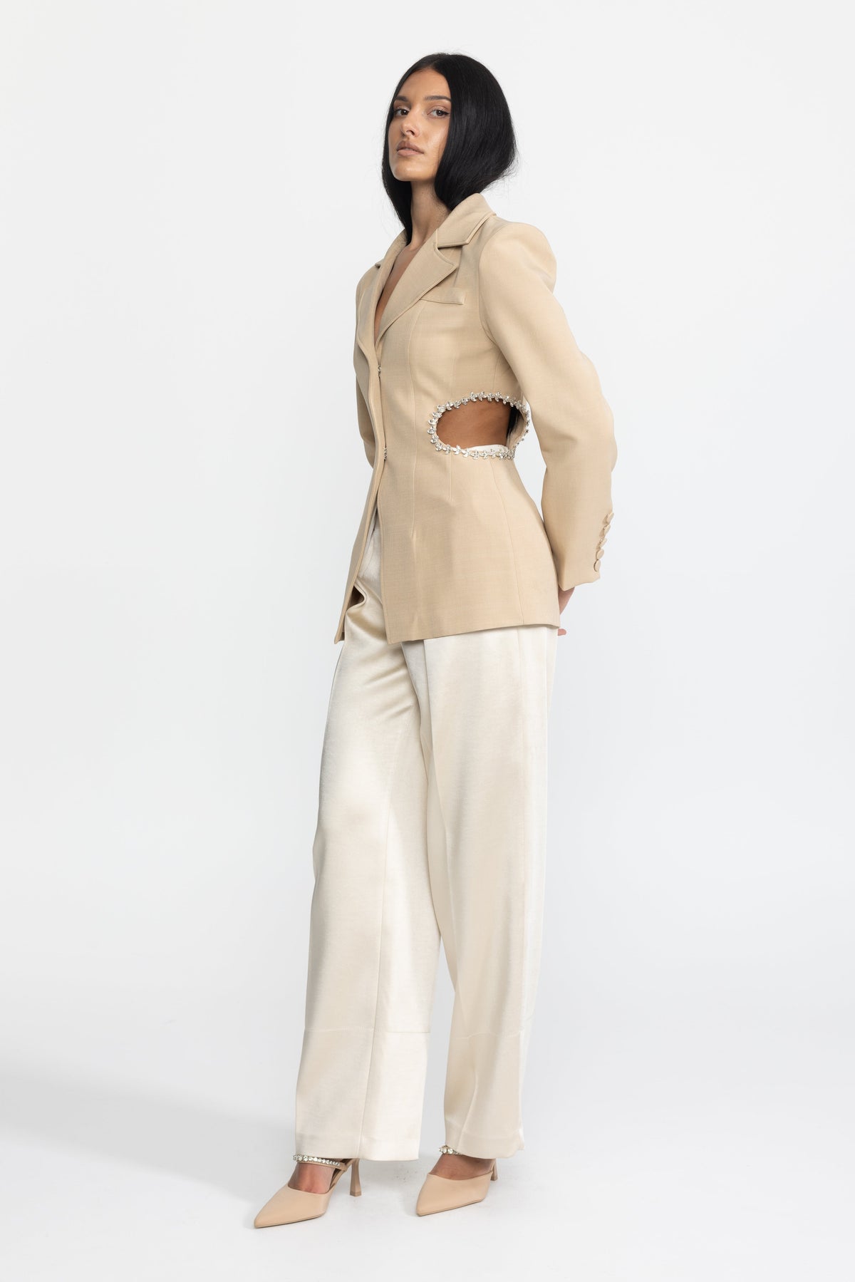 Laetitia Beige Crystal Trim Cutout Waist Tailored Blazer