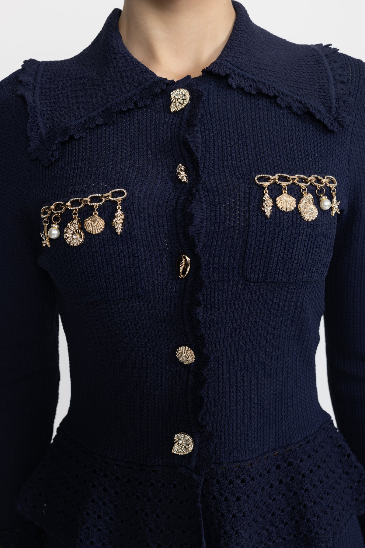 Iris Navy Charm Embellished Knit Peplum Cardigan and Ruffle Shorts Co-ord Set