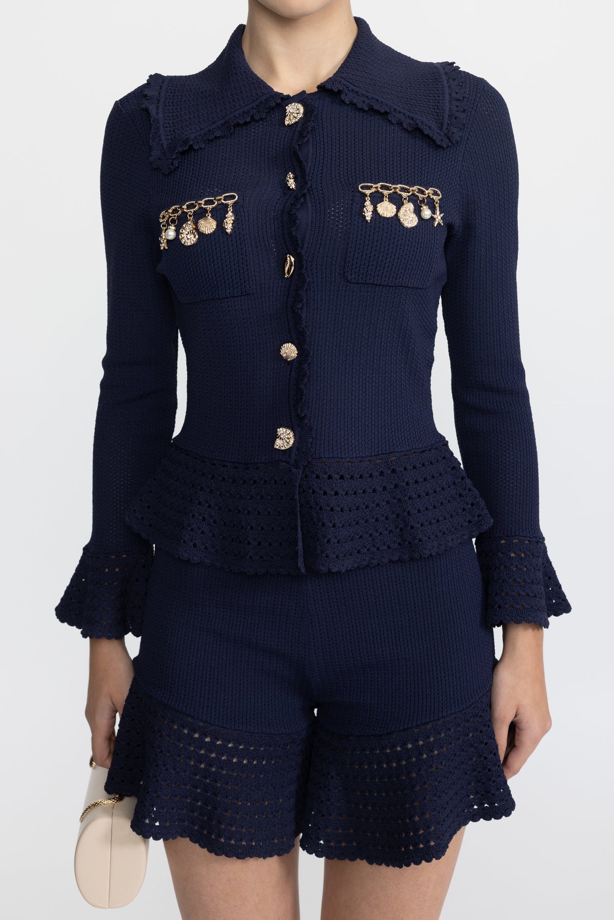 Iris Navy Charm Embellished Knit Peplum Cardigan and Ruffle Shorts Co-ord Set