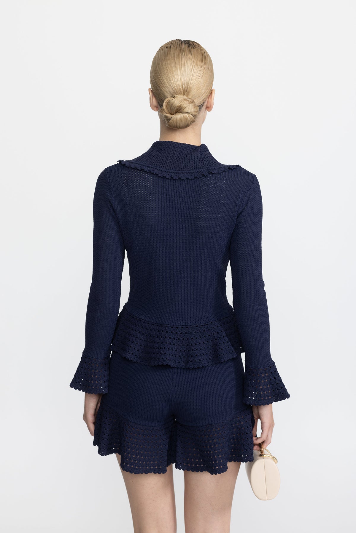 Iris Navy Charm Embellished Knit Peplum Cardigan and Ruffle Shorts Co-ord Set