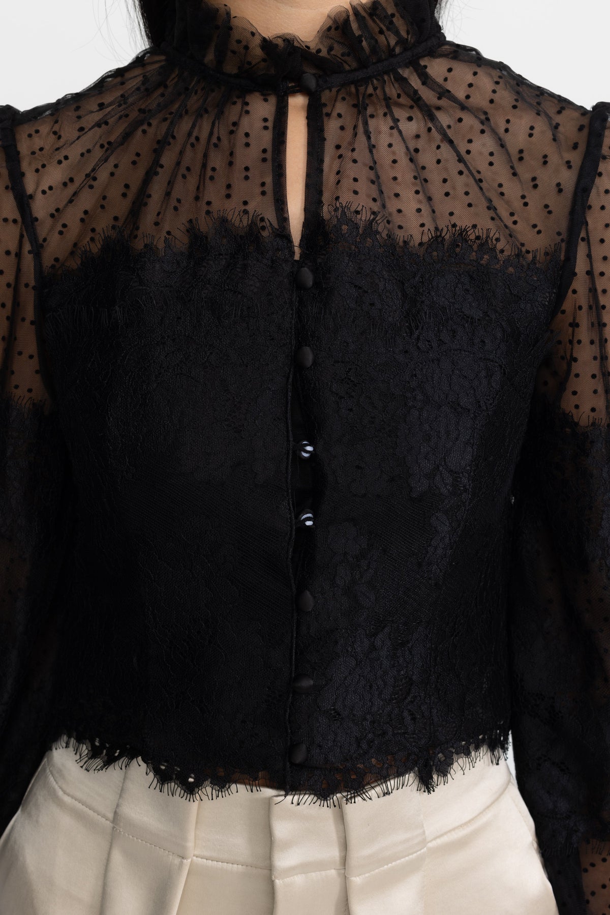Lydie Black Ruffle Neck Lace and Dot Mesh Cropped Blouse