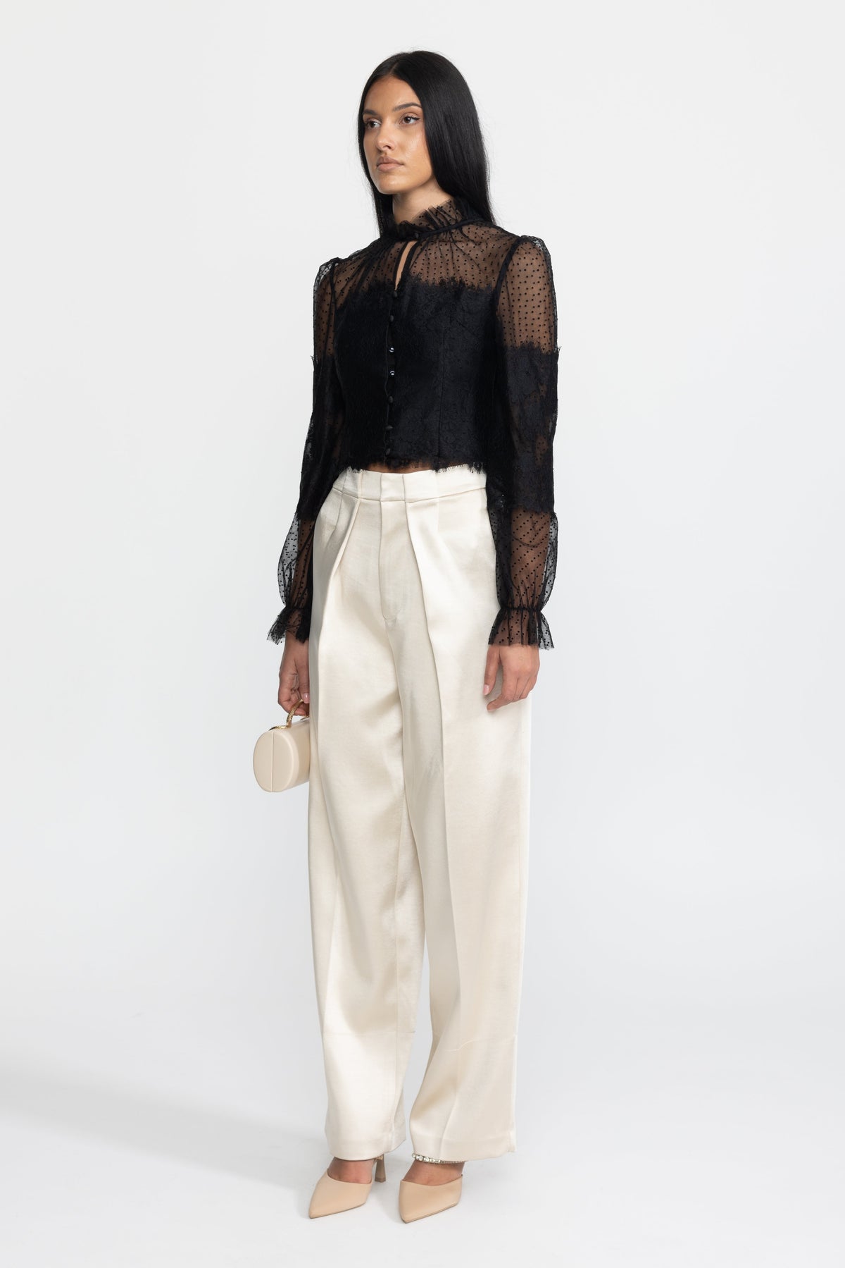 Lydie Black Ruffle Neck Lace and Dot Mesh Cropped Blouse