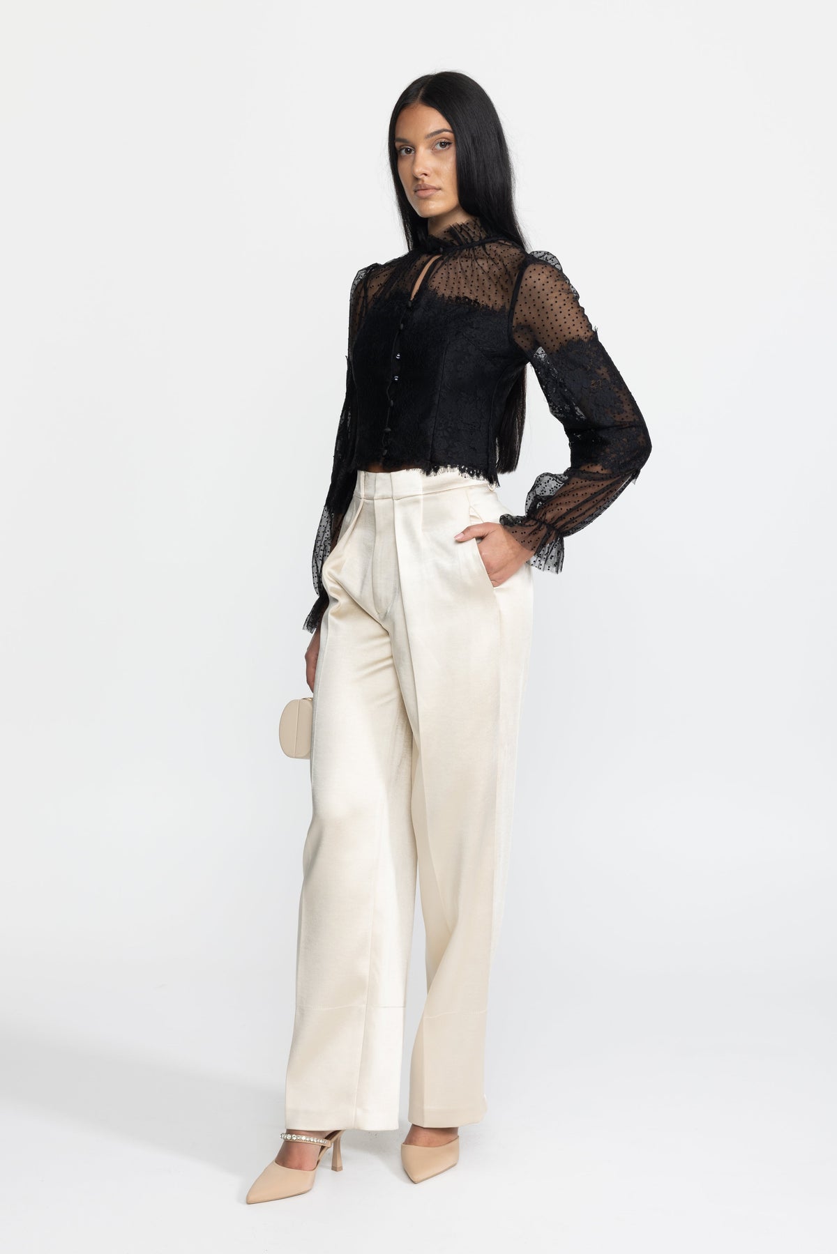 Lydie Black Ruffle Neck Lace and Dot Mesh Cropped Blouse