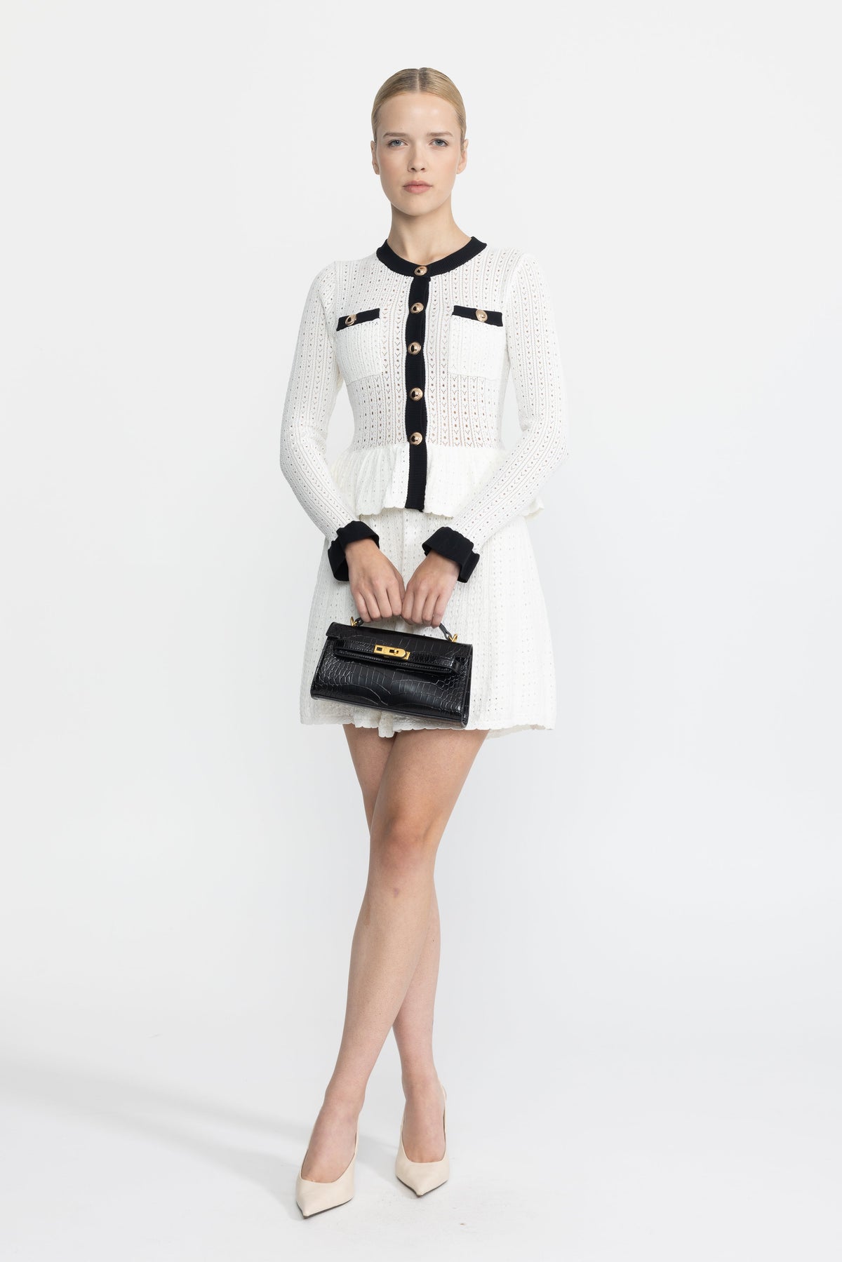 Henriette White Pointelle Knit Peplum Mini Dress with Gold Buttons