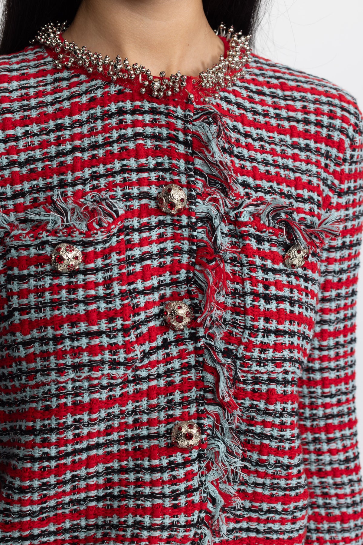Madeleine Red Multi Fringed Tweed Jacket and Midi Skirt Co-ord Set