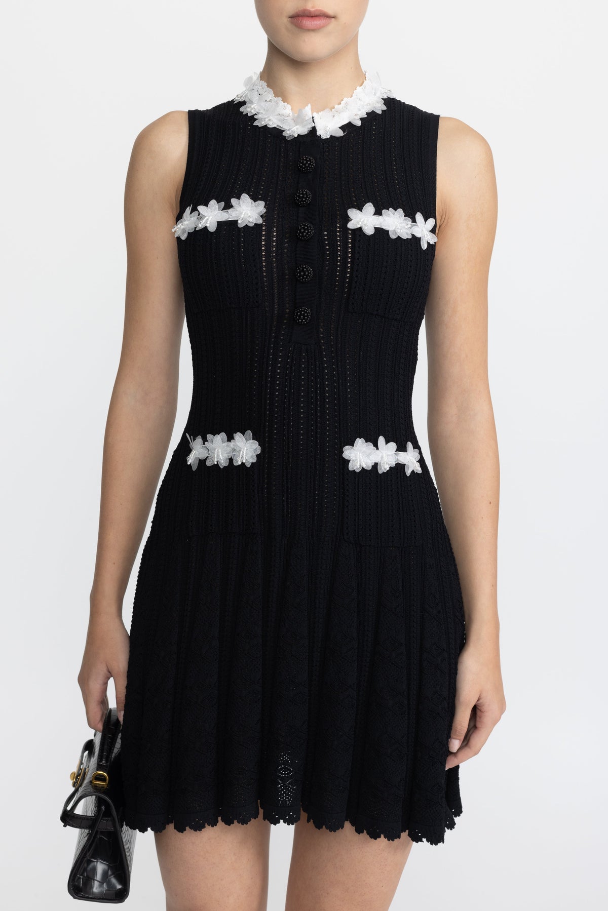 Flavie Black Organza Flower Trim Pointelle Knit Mini Dress