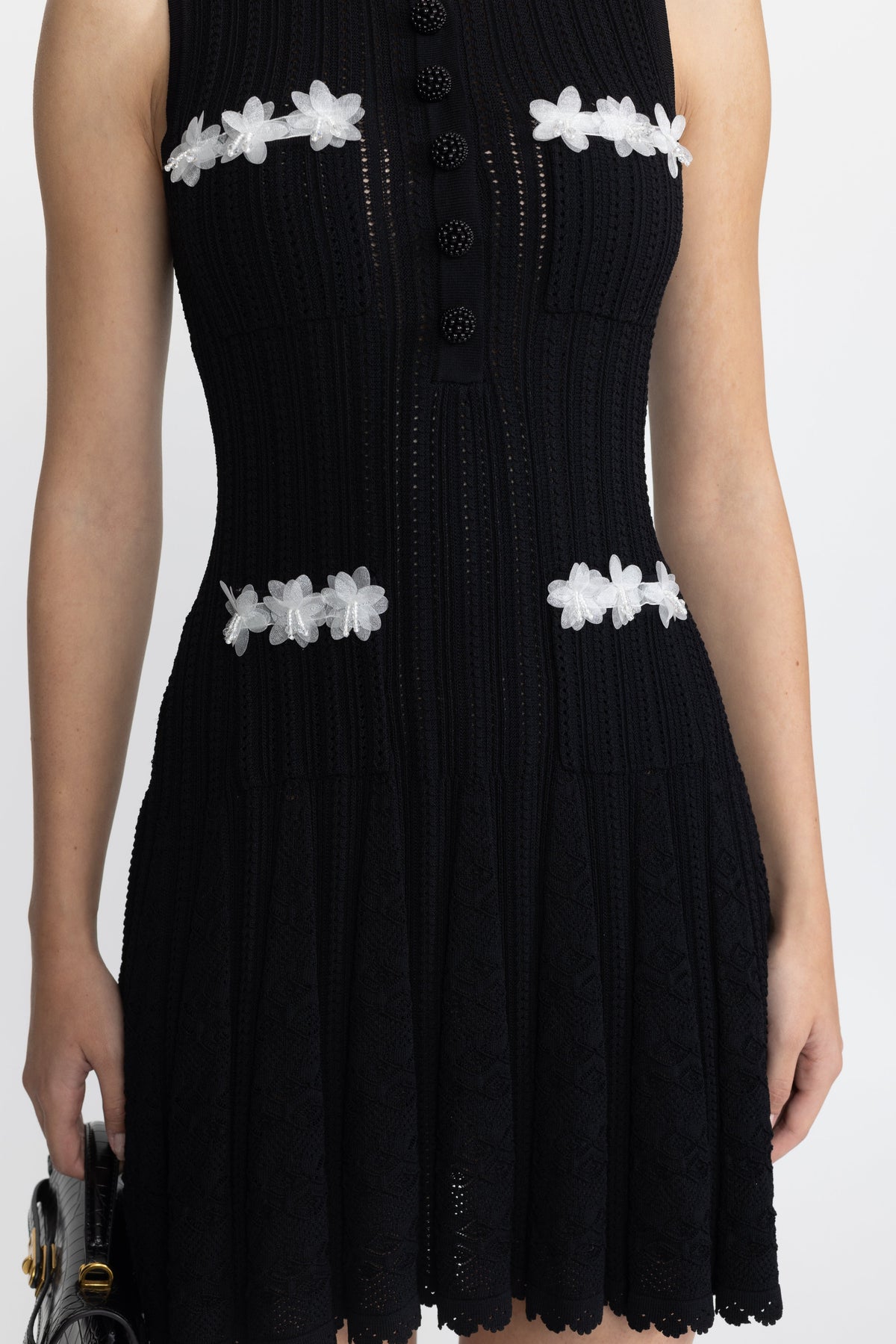 Flavie Black Organza Flower Trim Pointelle Knit Mini Dress