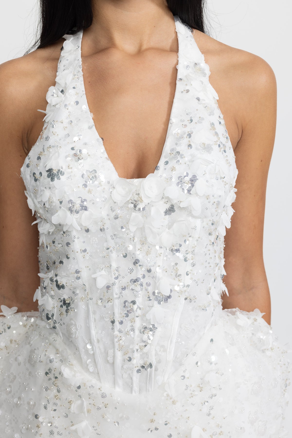 Lucrèce White Sequin Flower Halter Corset Bubble Mini Dress