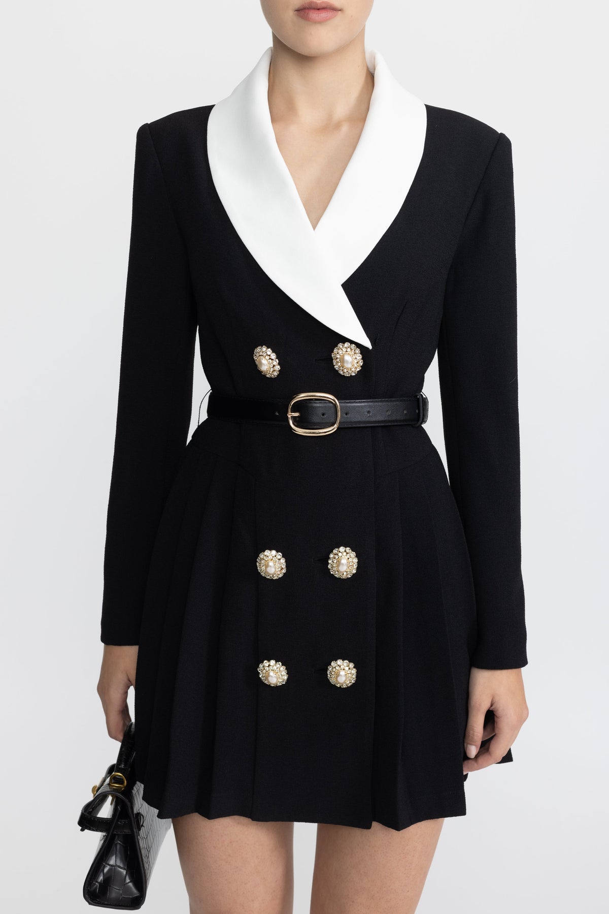 Maylis Black Contrast Lapel Belted Pleated Blazer Mini Dress