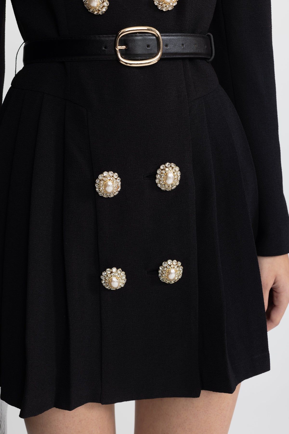 Maylis Black Contrast Lapel Belted Pleated Blazer Mini Dress