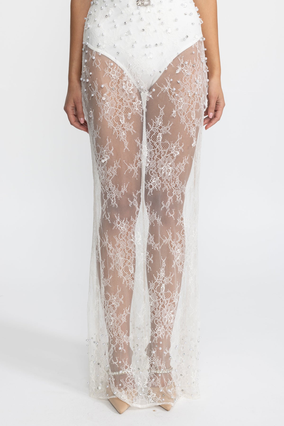 Victorine White Pearl Embellished Corset Bodysuit Lace Jumpsuit