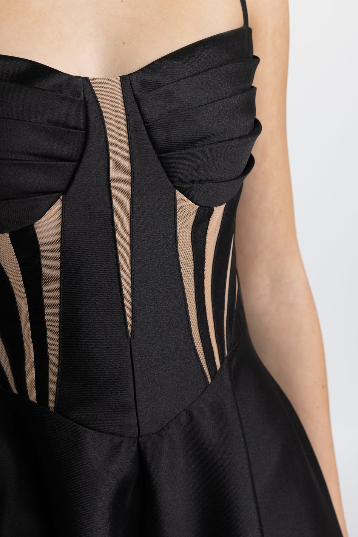 Josephine Black Sheer Panel Satin Corset Midi Dress