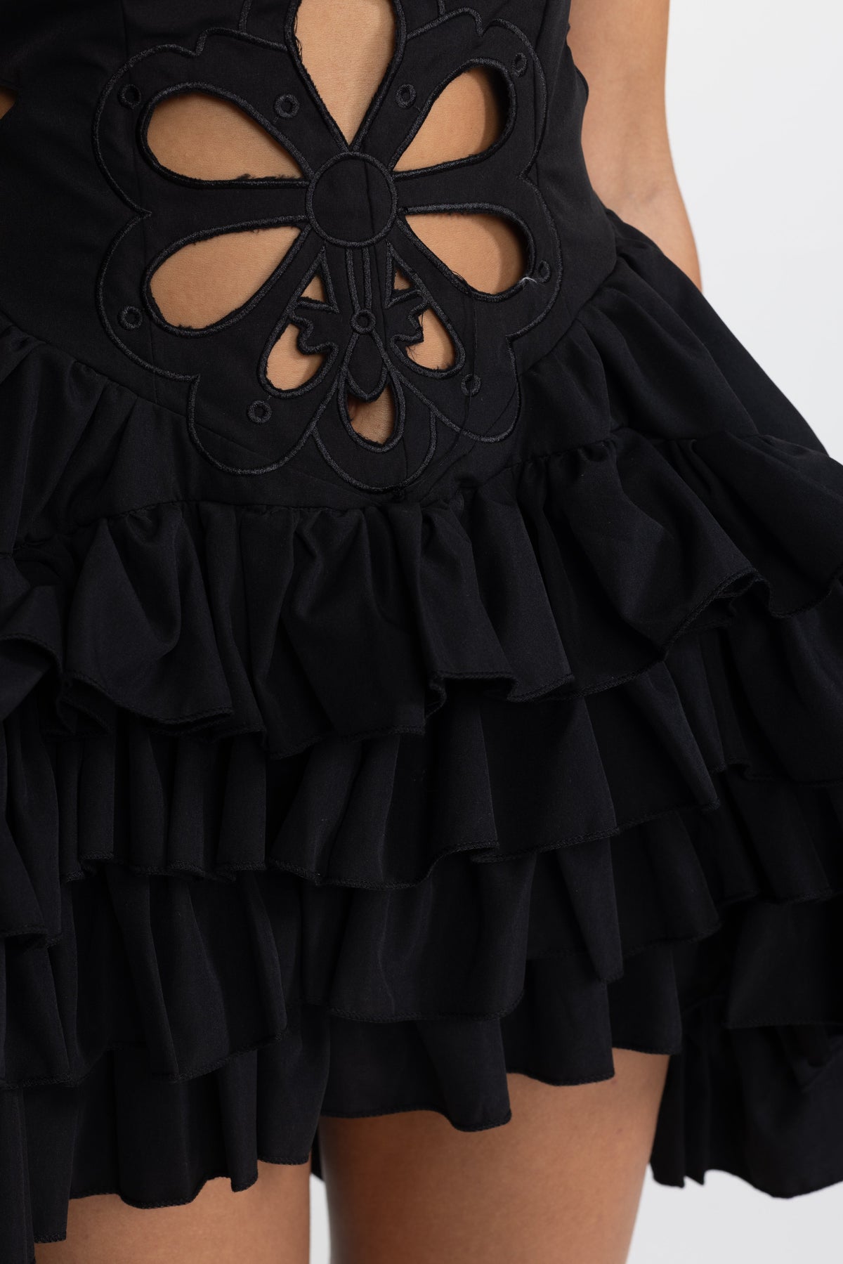 Celestine Black Embroidered Flower Cutout Ruffle Mini Dress