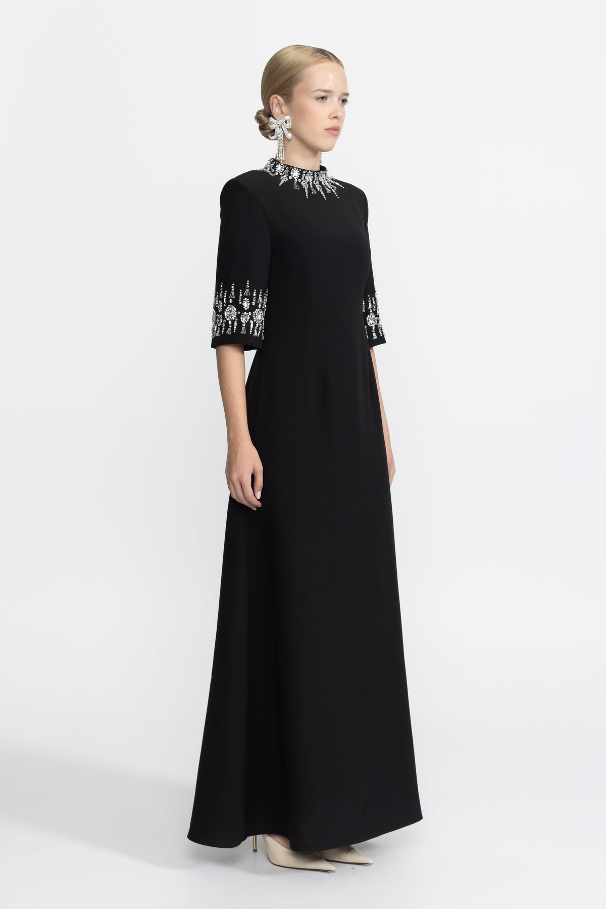 Félicie Black Crystal Embellished Collar and Cuff Maxi Dress
