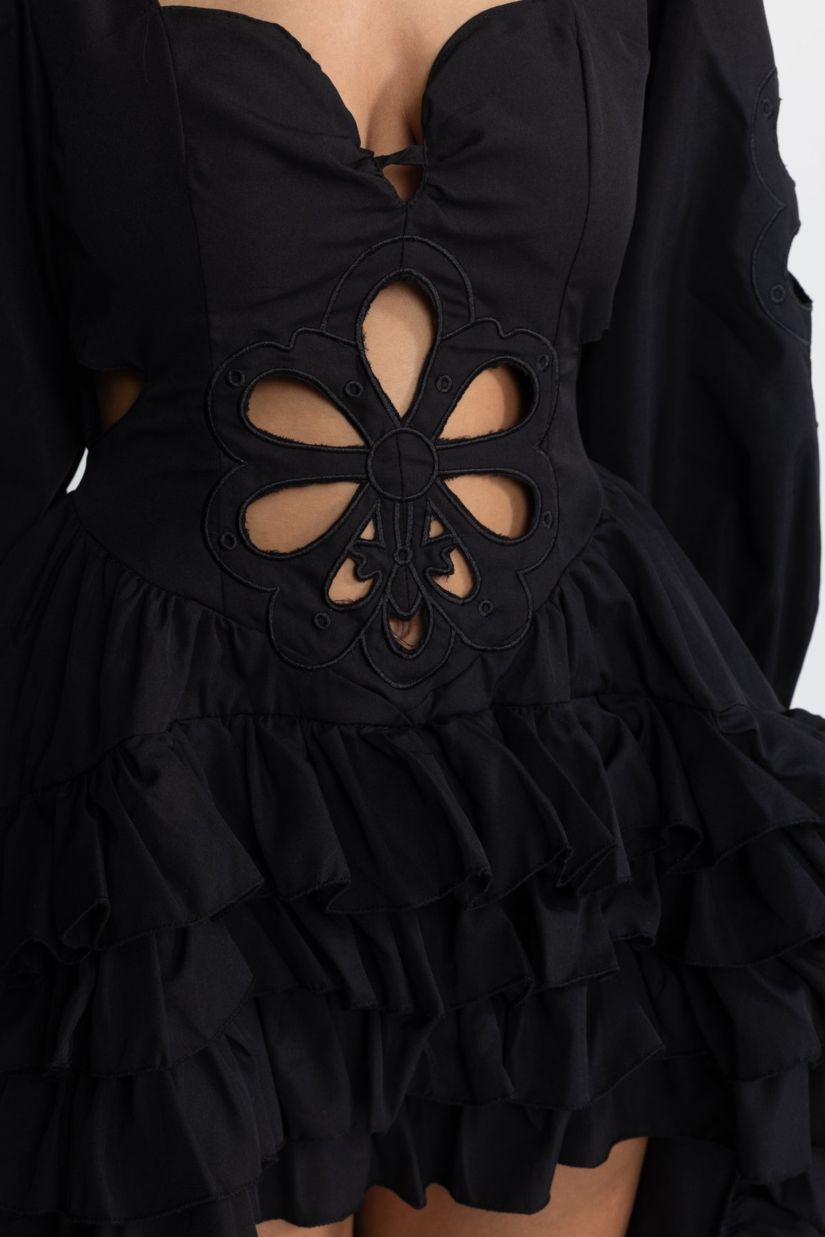 Aurelie Black Embroidered Cutout Puff Sleeve High-Low Ruffle Gown