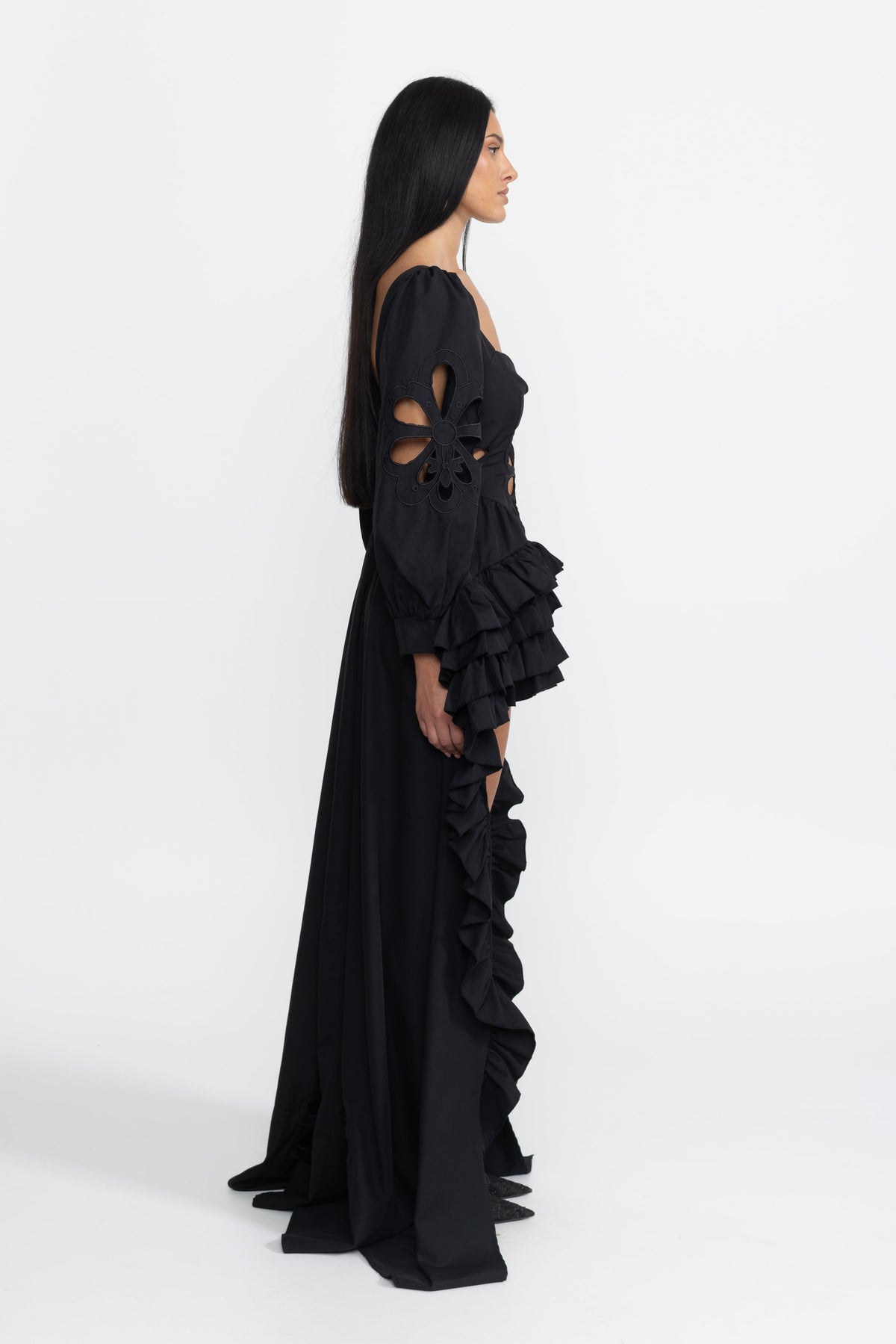 Aurelie Black Embroidered Cutout Puff Sleeve High-Low Ruffle Gown