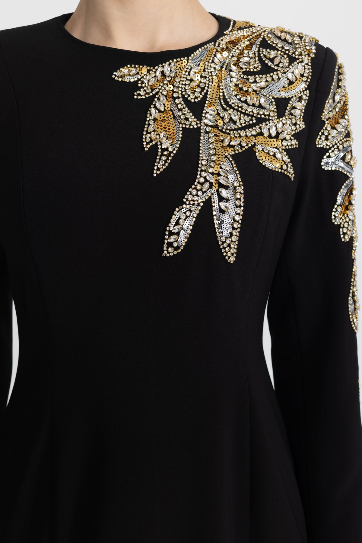 Margaux Black Crystal Leaf Embellished Long Sleeve Maxi Dress