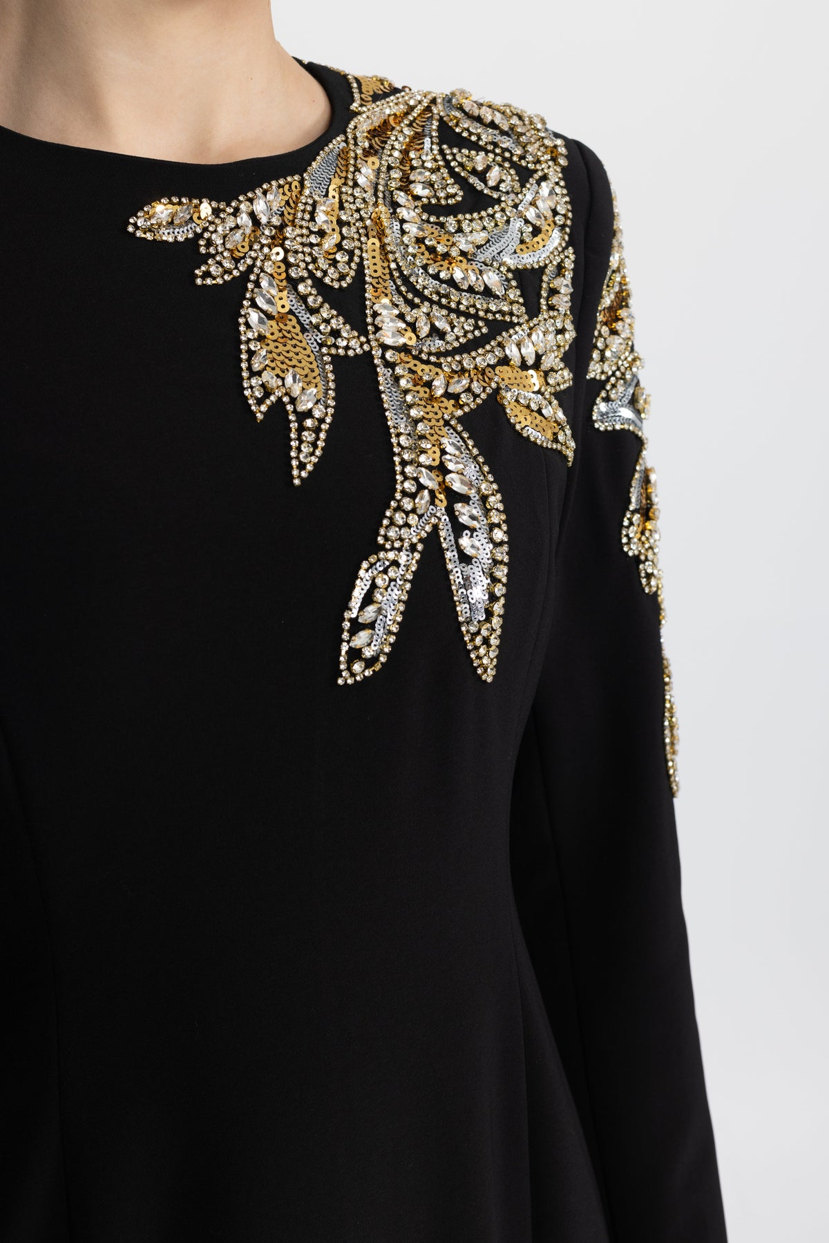 Margaux Black Crystal Leaf Embellished Long Sleeve Maxi Dress