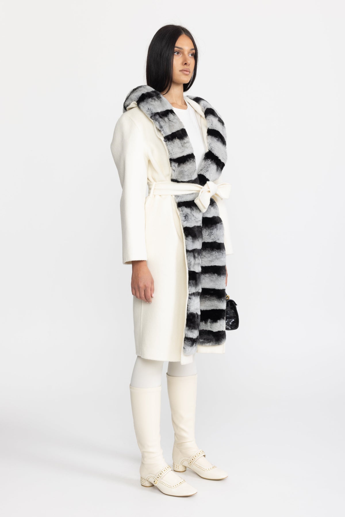 Rex Rabbit Fur Trim Hooded Wool Wrap Coat - Ivoire