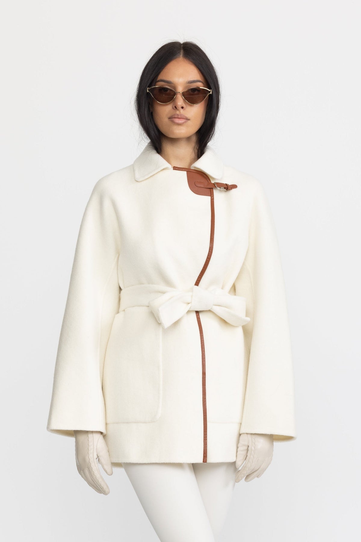 Faux Leather Trim Belted Wool Jacket - Off-White